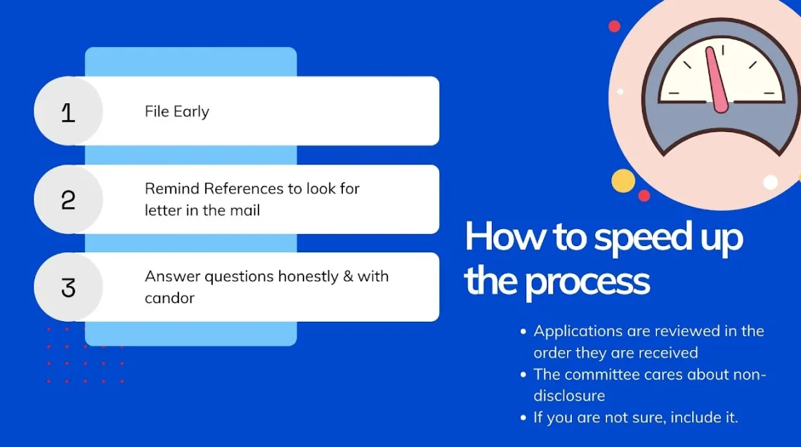 Image on how to speed up your bar application process by filing early, remiding referecnes to look for letter in the mail, and answering questions honestly & with candor